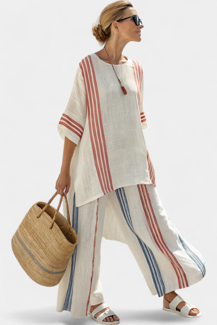 LINA Ethnic Bamboo Linen Set with Stripes and Wide Cut