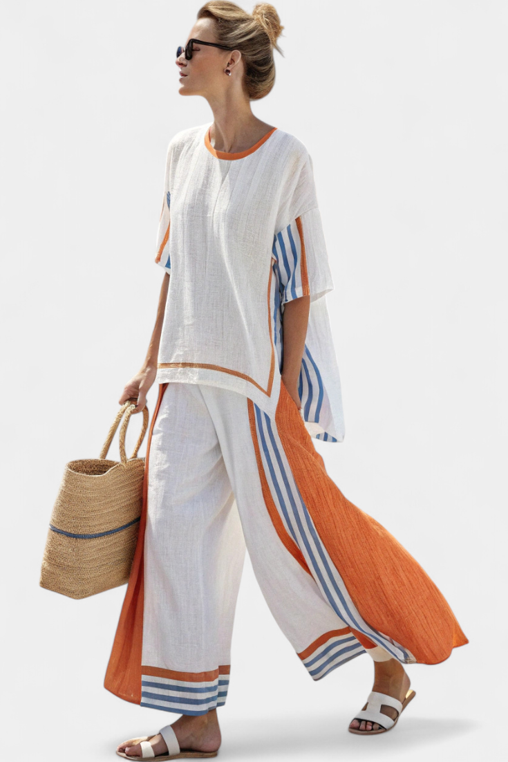 LINA Ethnic Bamboo Linen Set with Stripes and Wide Cut