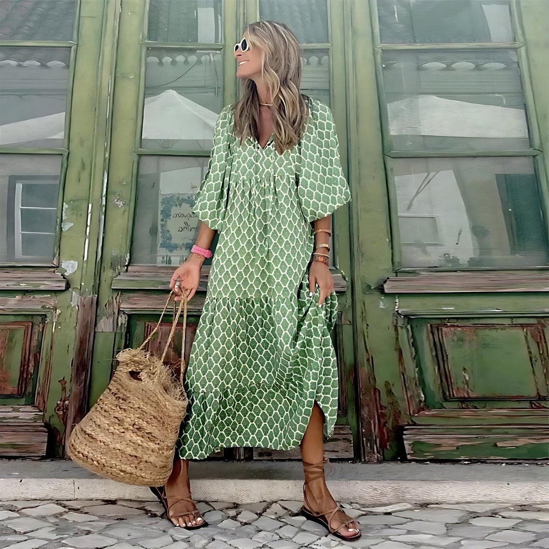 Wilhelmina | Geometric Print High-Low Dress