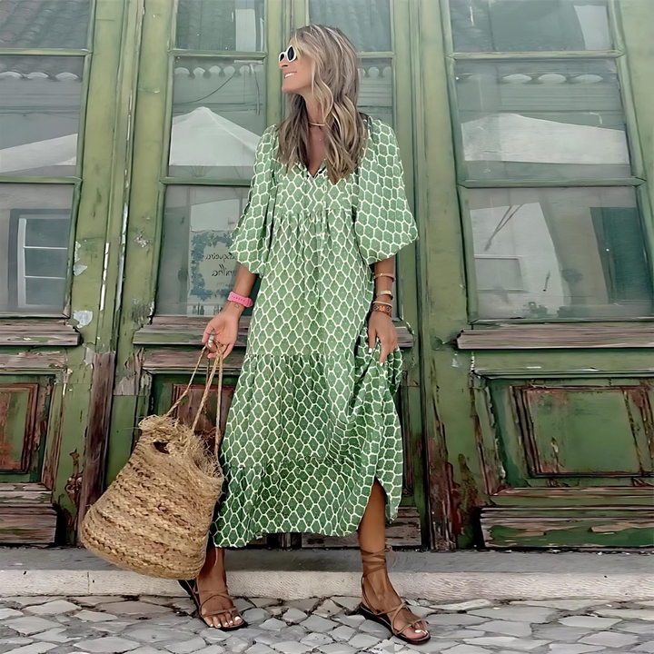 Wilhelmina | Geometric Print High-Low Dress