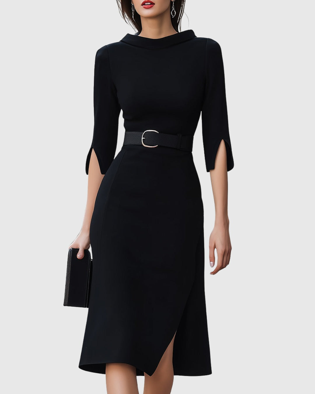 Faustine | Belted High Neck Split Sleeve Midi Dress - product image 1