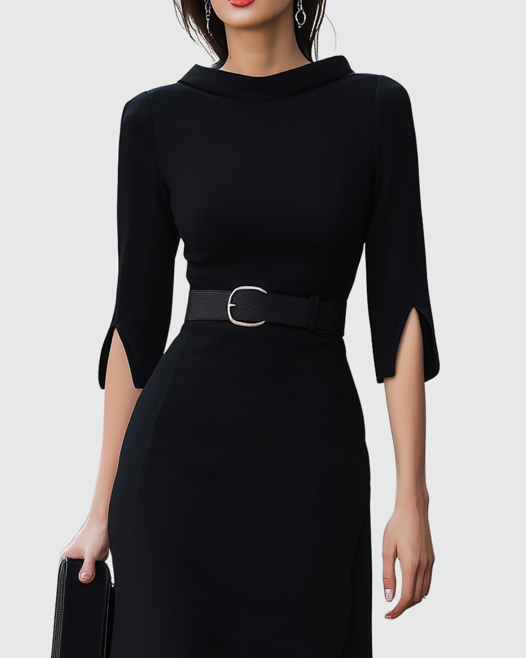 Faustine | Belted High Neck Split Sleeve Midi Dress - product image 3