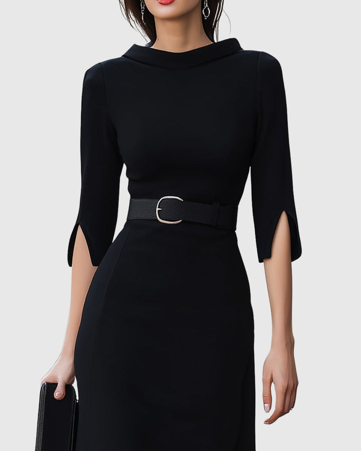 Faustine | Belted High Neck Split Sleeve Midi Dress - product image 3