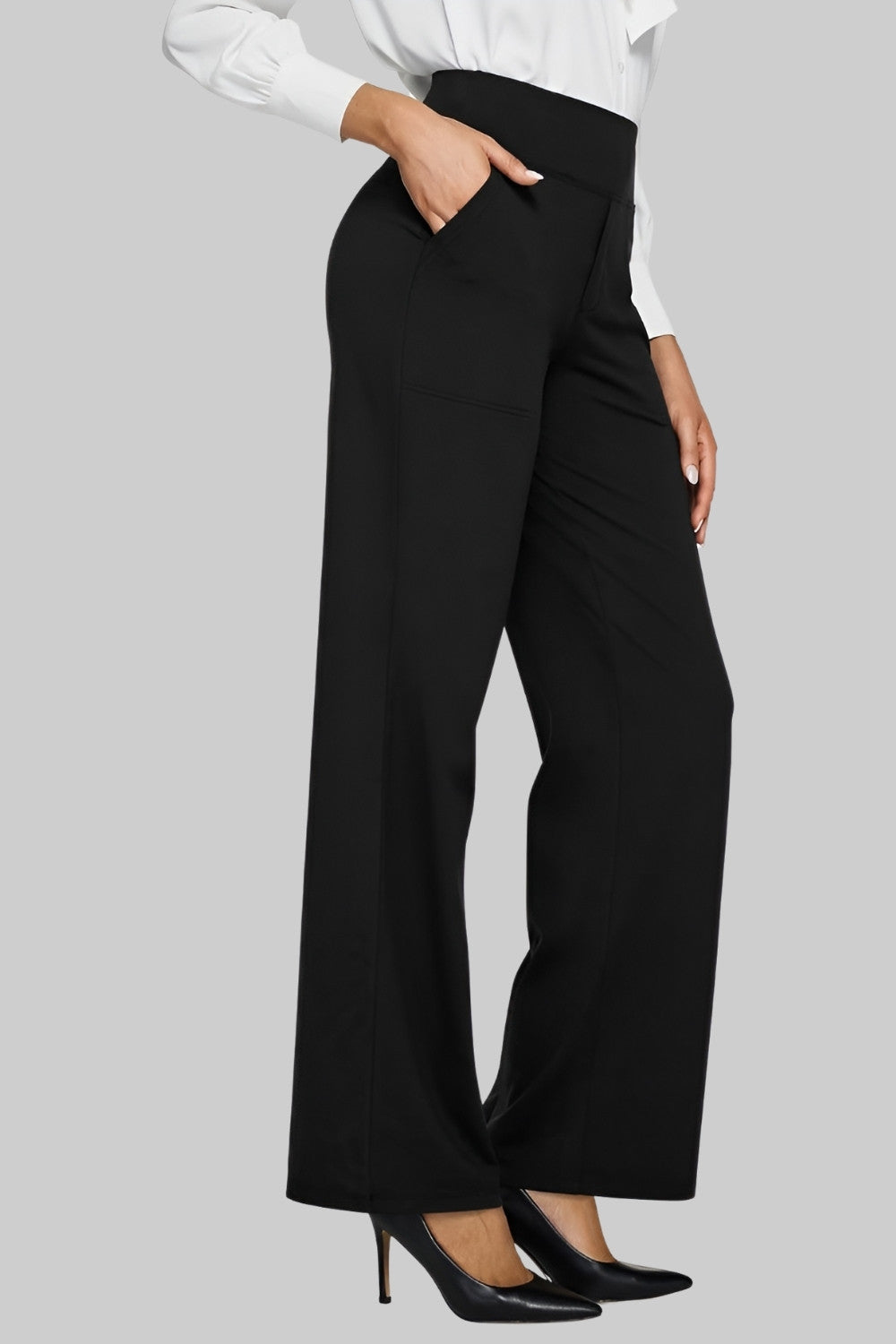 Coralie soft jersey wide-leg trousers, styled with heels