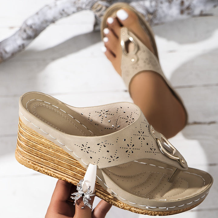 Yellow cutout platform wedge sandals front view