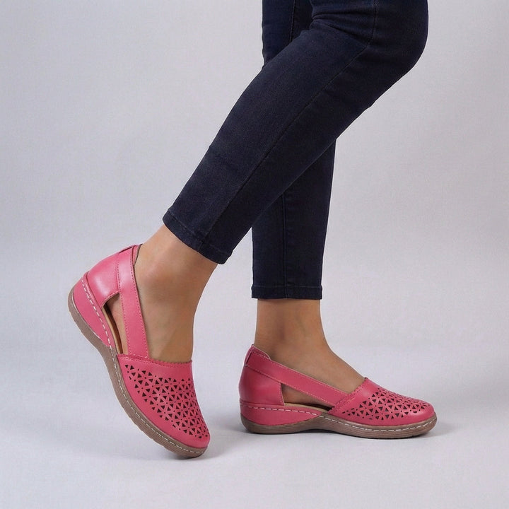 Enid scalloped cut-out flat sandals in rose red