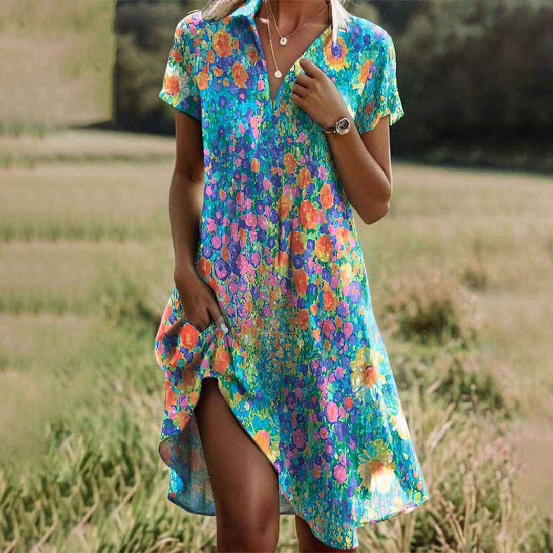 Gisela boho print short sleeve midi dress, front view