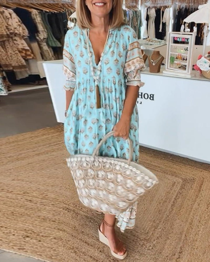 Giulia tassel tie boho midi dress, front view