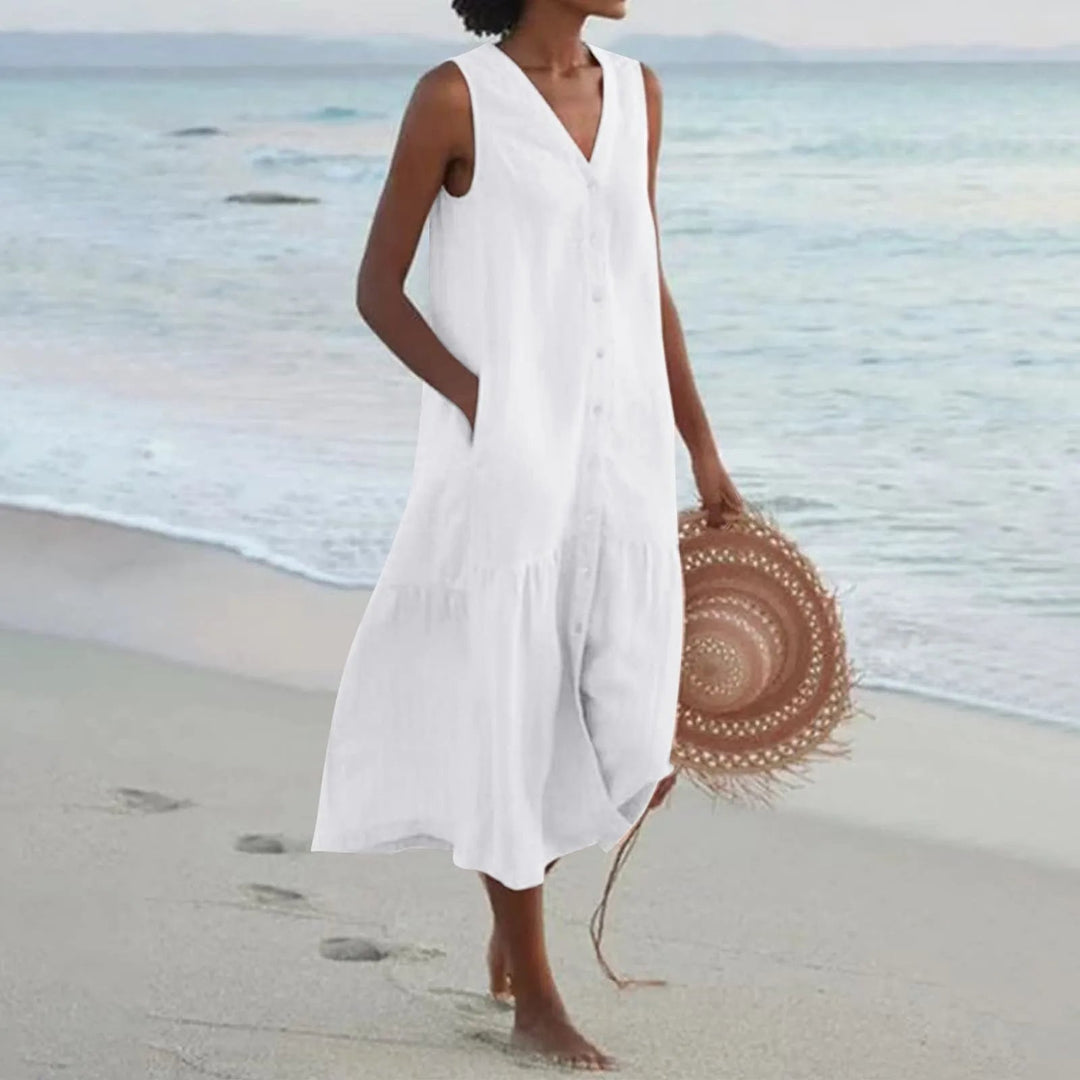 Jolanda V-neck summer midi dress, front view