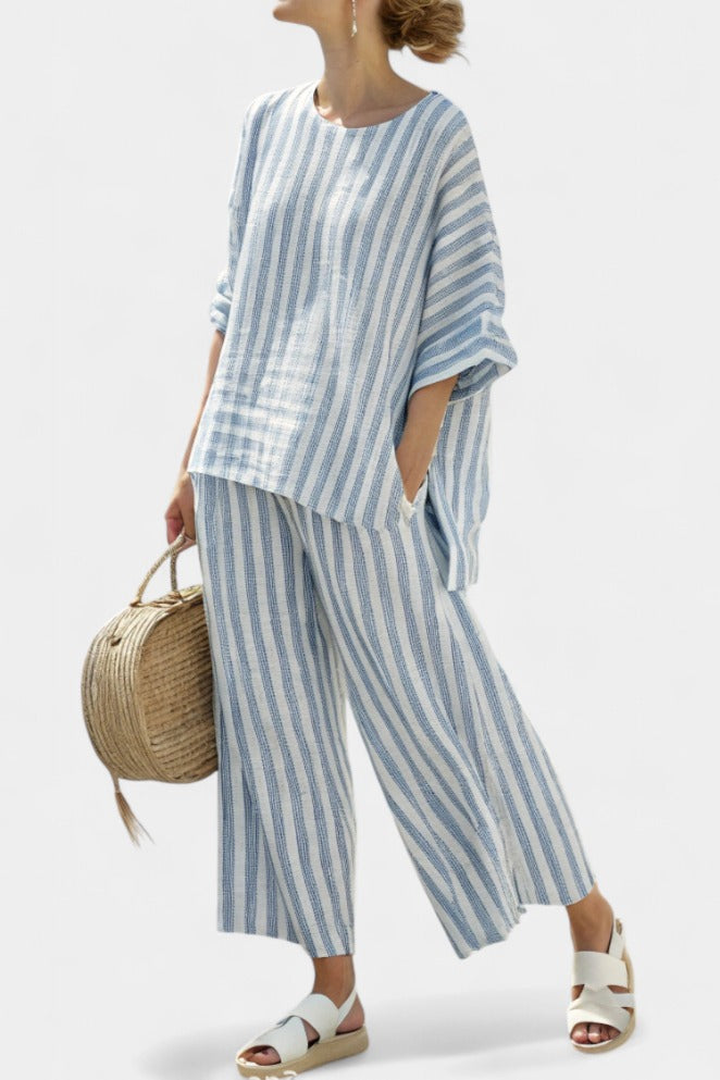 Domitilla | Striped Short Sleeve Wide Leg Pants Set - product image 1