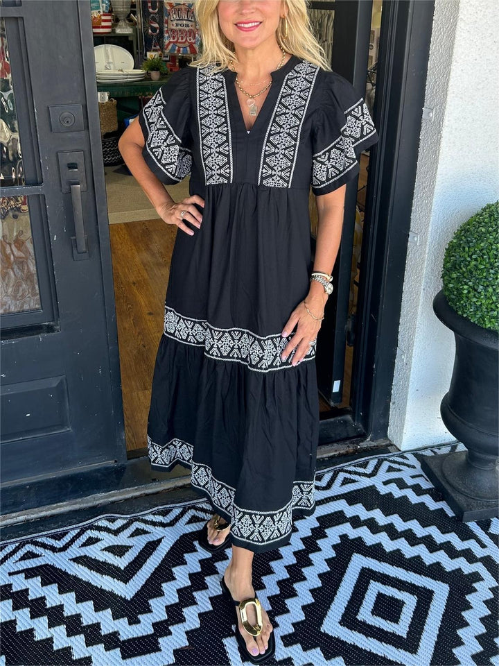 Idun summer boho v-neck midi dress, front view