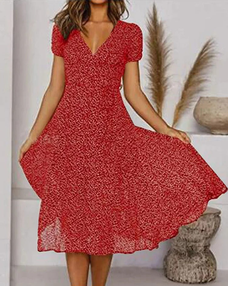 Rosamund | V-Neck Puff Sleeve Fit and Flare Midi Dress - product image 2