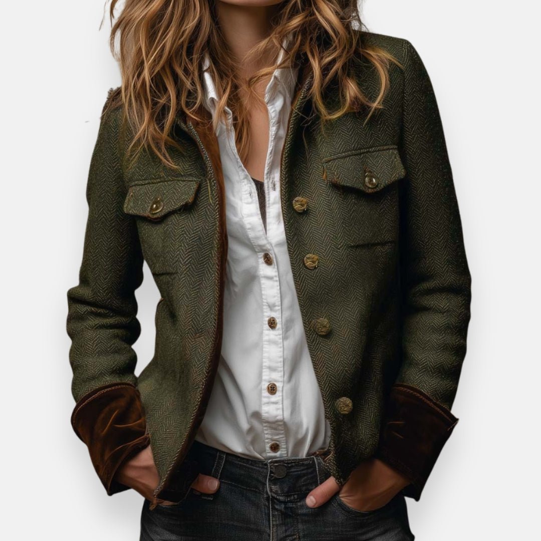 Amelia herringbone button front structured jacket, front view
