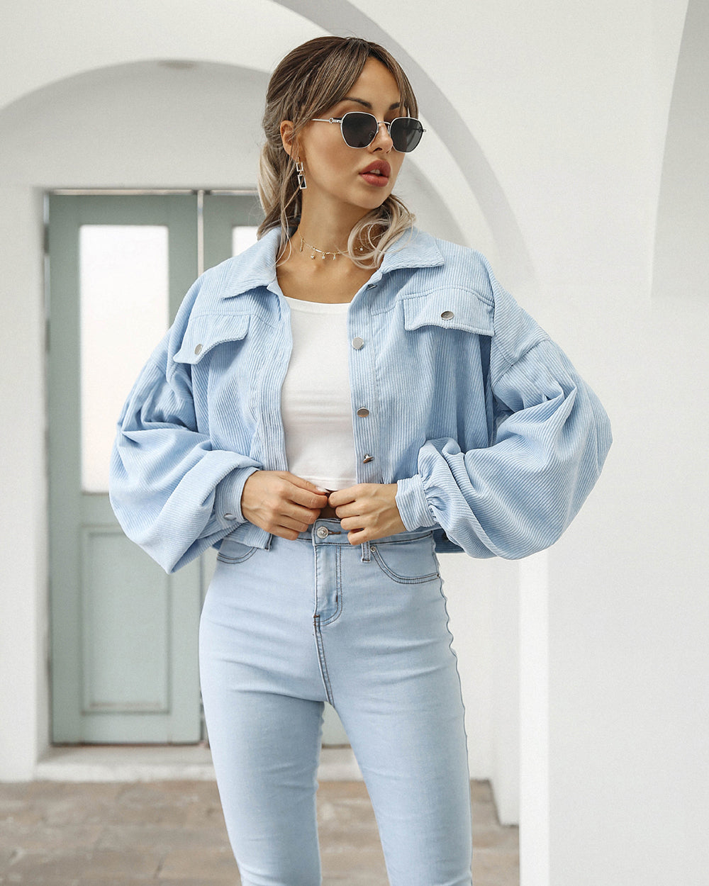 Anika cropped button down jacket, front view