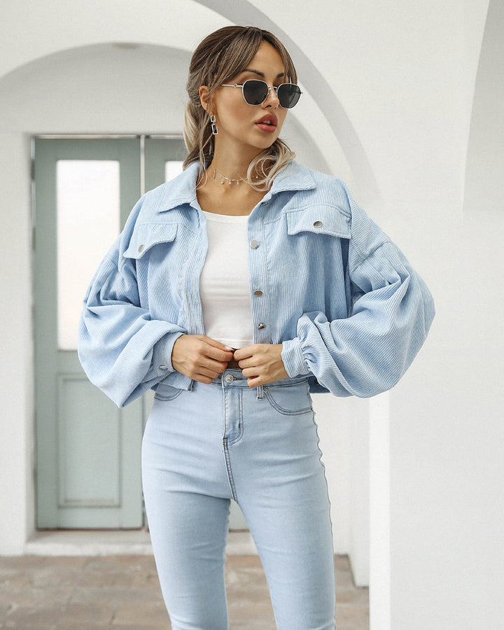 Anika cropped button down jacket, front view