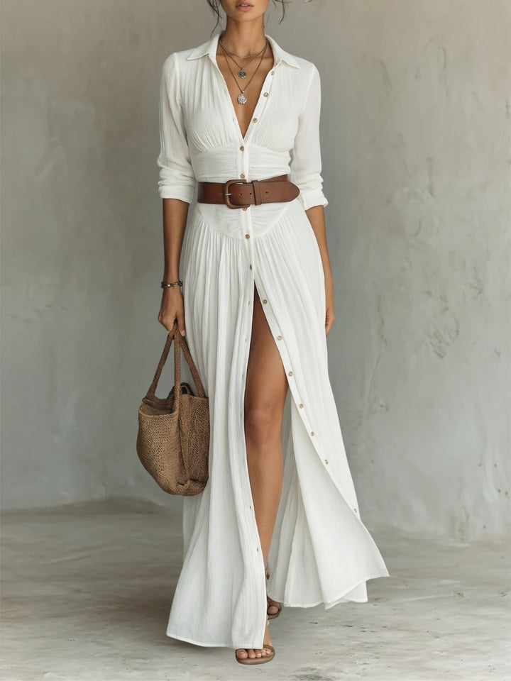 Anneke boho button front belted maxi shirt dress, front view