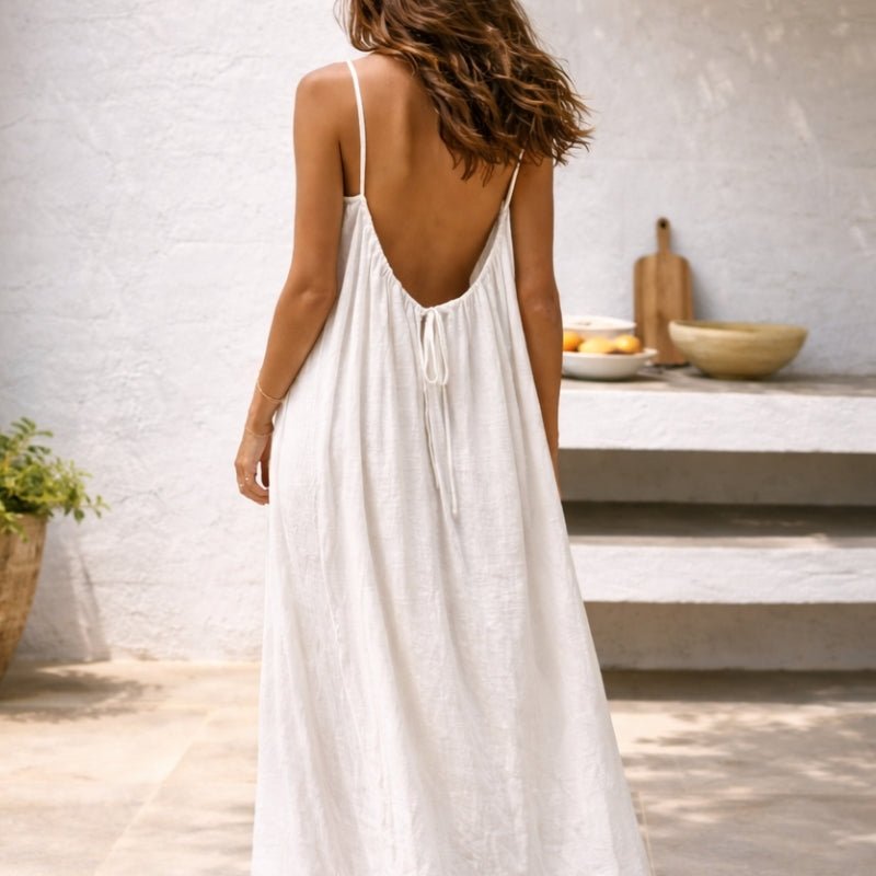 Apolline spaghetti strap flowy linen maxi dress with pockets, front view