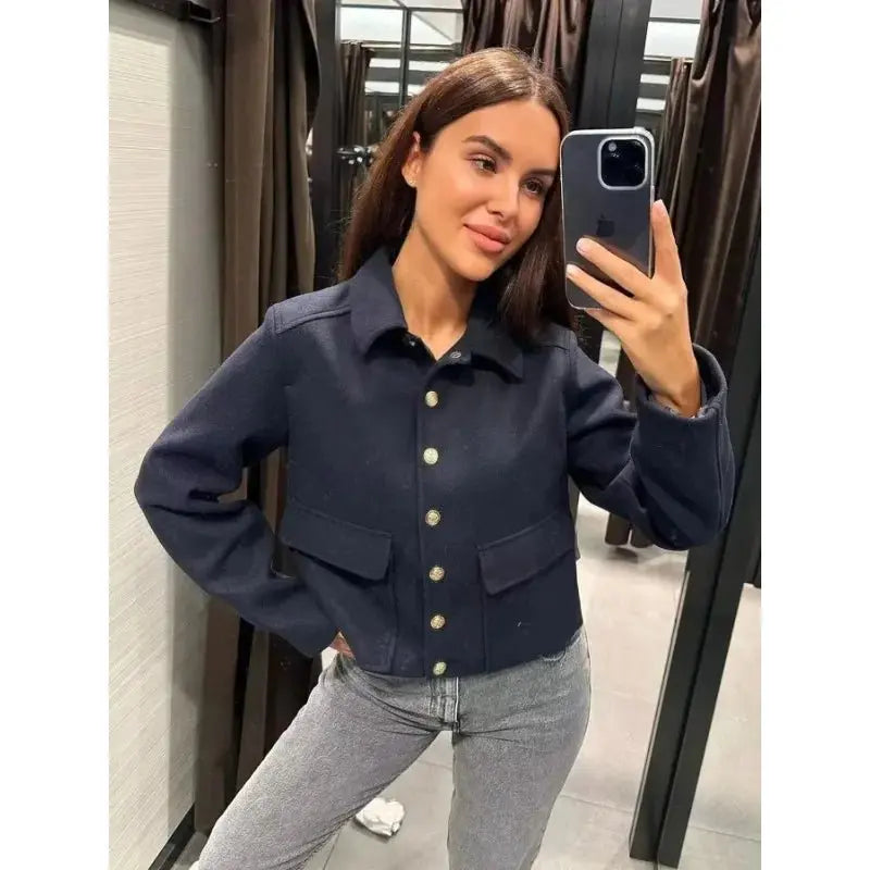 Aria cropped bomber jacket button up, front view