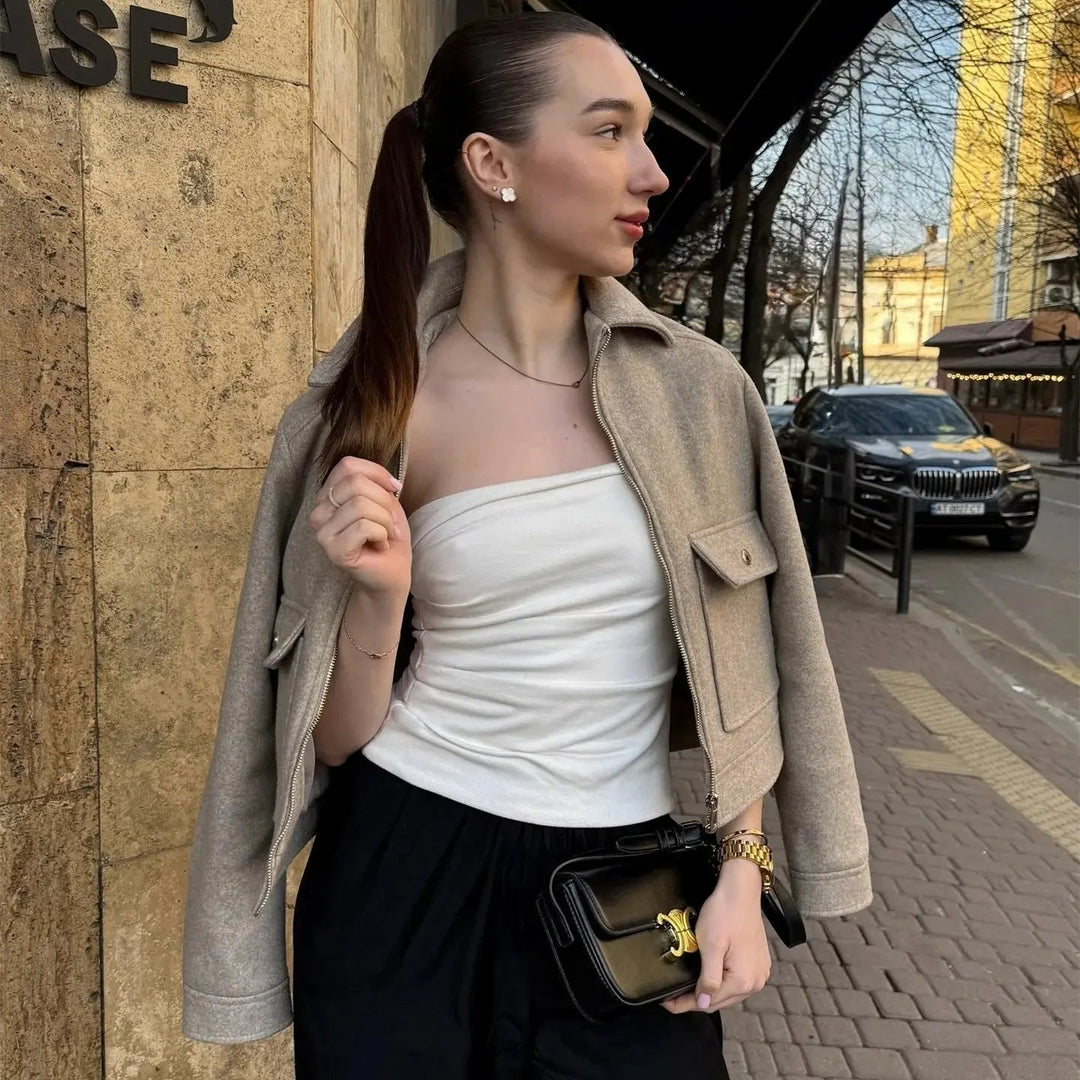 Astrid bomber jacket short zip front ribbed cuffs, front view