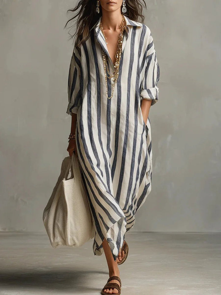 Eleanor oversized linen striped shirt maxi dress, front view