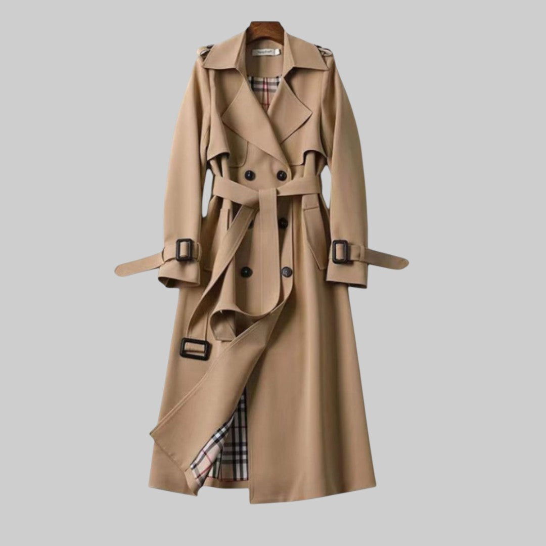 Emily belted double breasted long trench coat, front view