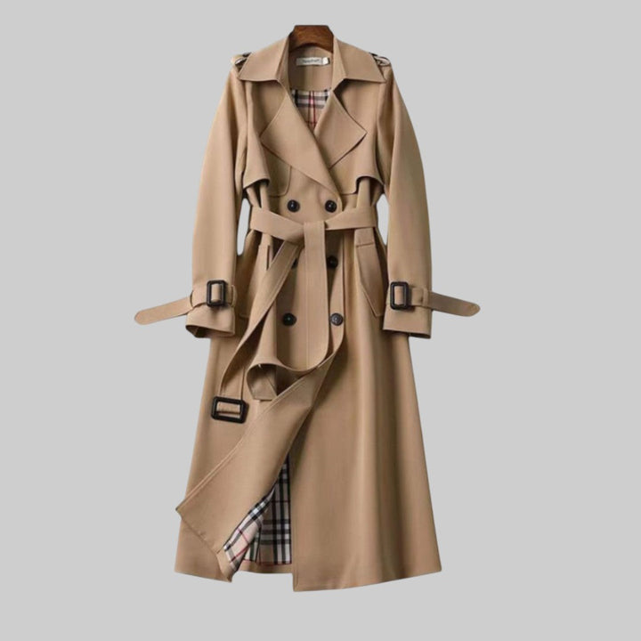 Emily belted double breasted long trench coat, front view