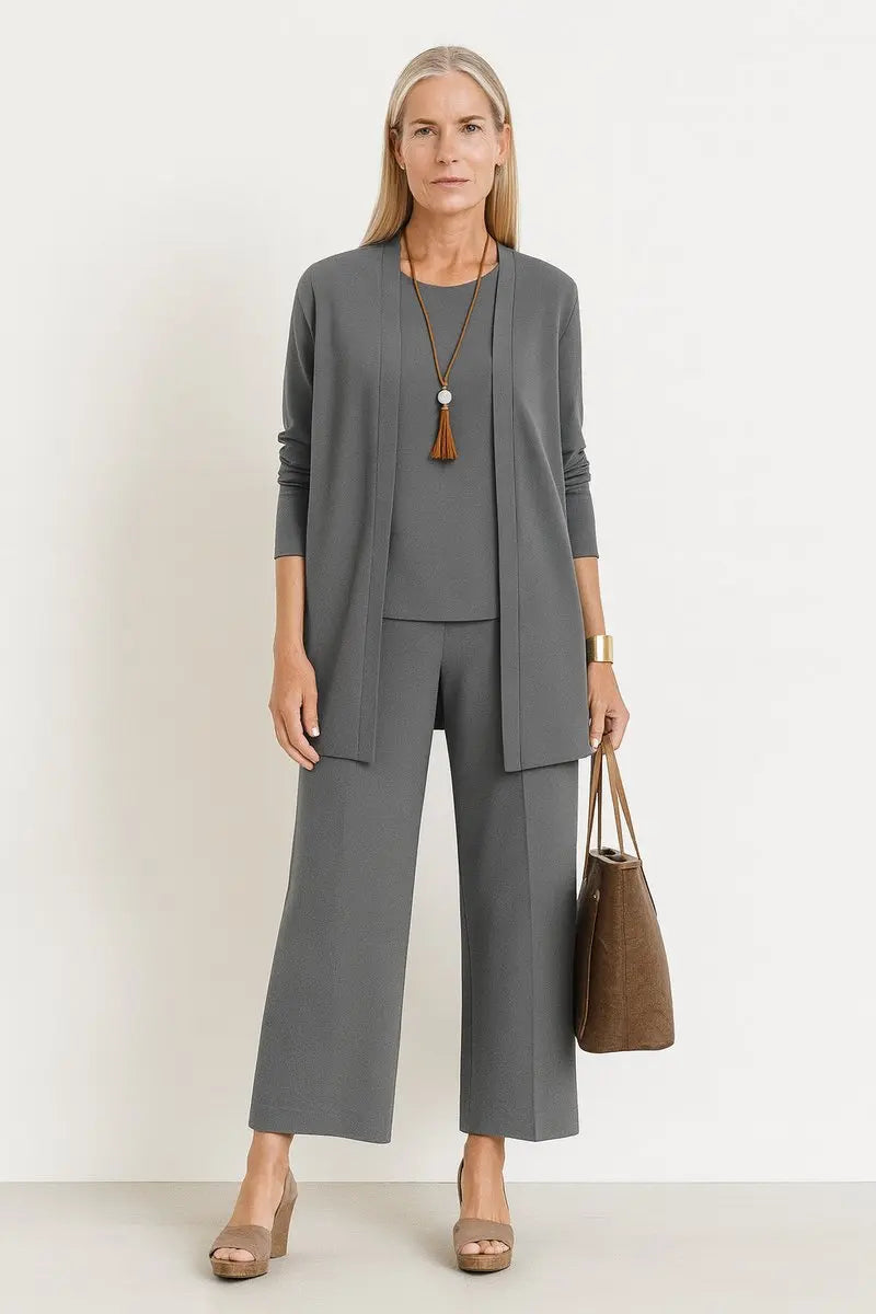 Emmanuelle longline cardigan and wide leg trouser 3 piece set, front view