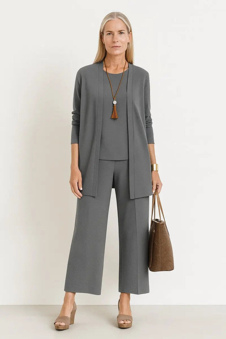 Emmanuelle longline cardigan and wide leg trouser 3 piece set, front view