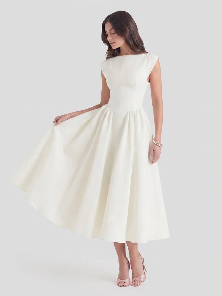 Evelyn bateau neck cap sleeve satin midi dress, front view