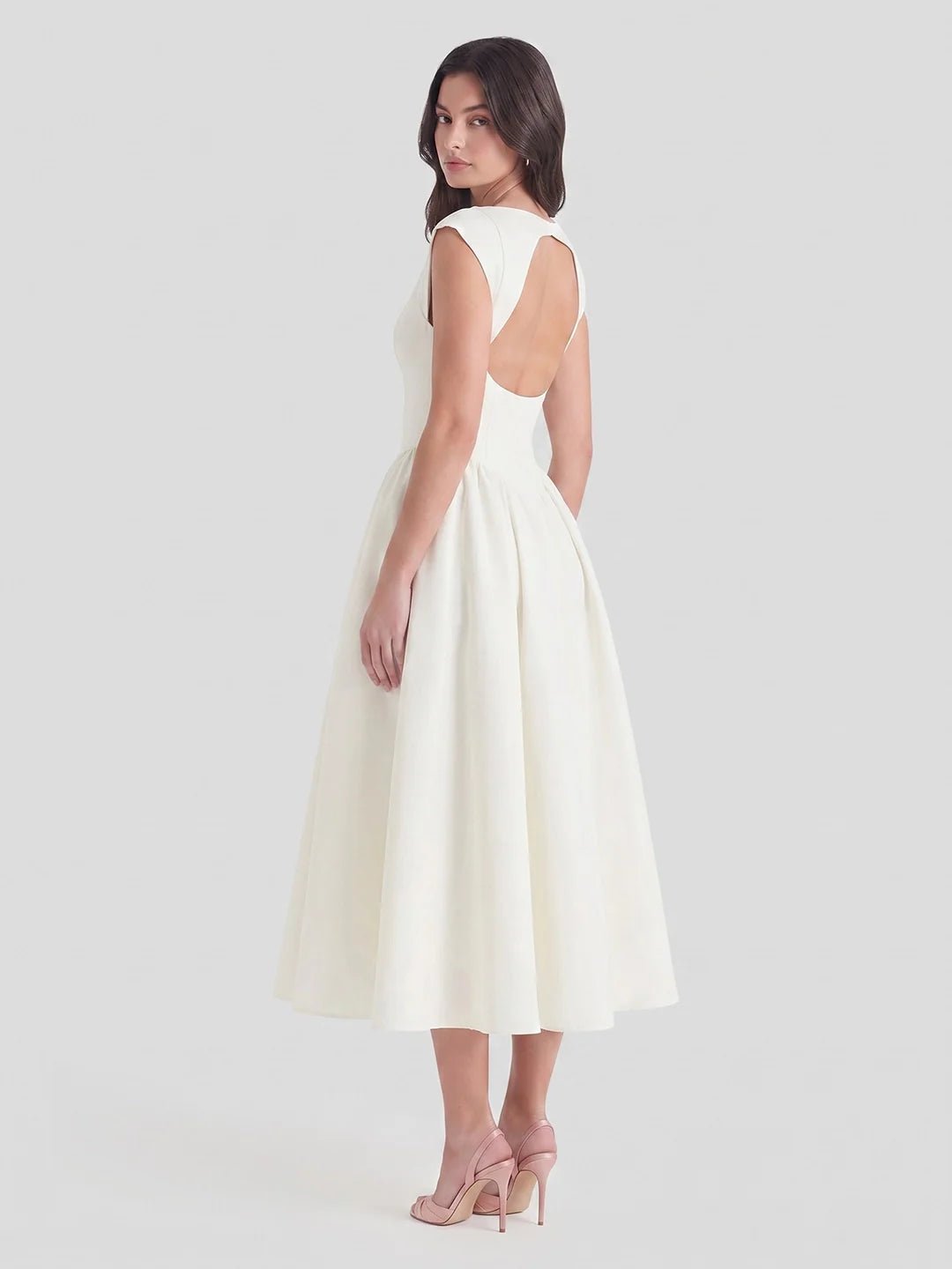 Evelyn bateau neck cap sleeve satin midi dress, alternate view