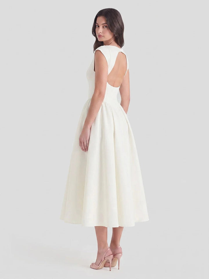 Evelyn bateau neck cap sleeve satin midi dress, alternate view