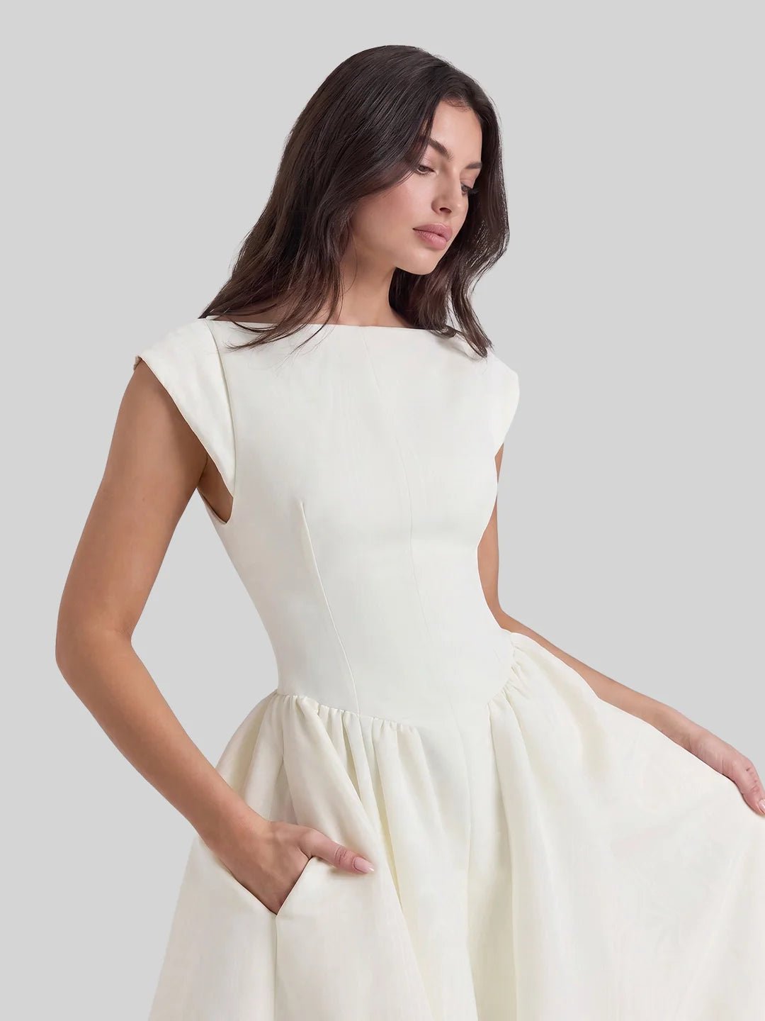 Evelyn bateau neck cap sleeve satin midi dress, alternate view