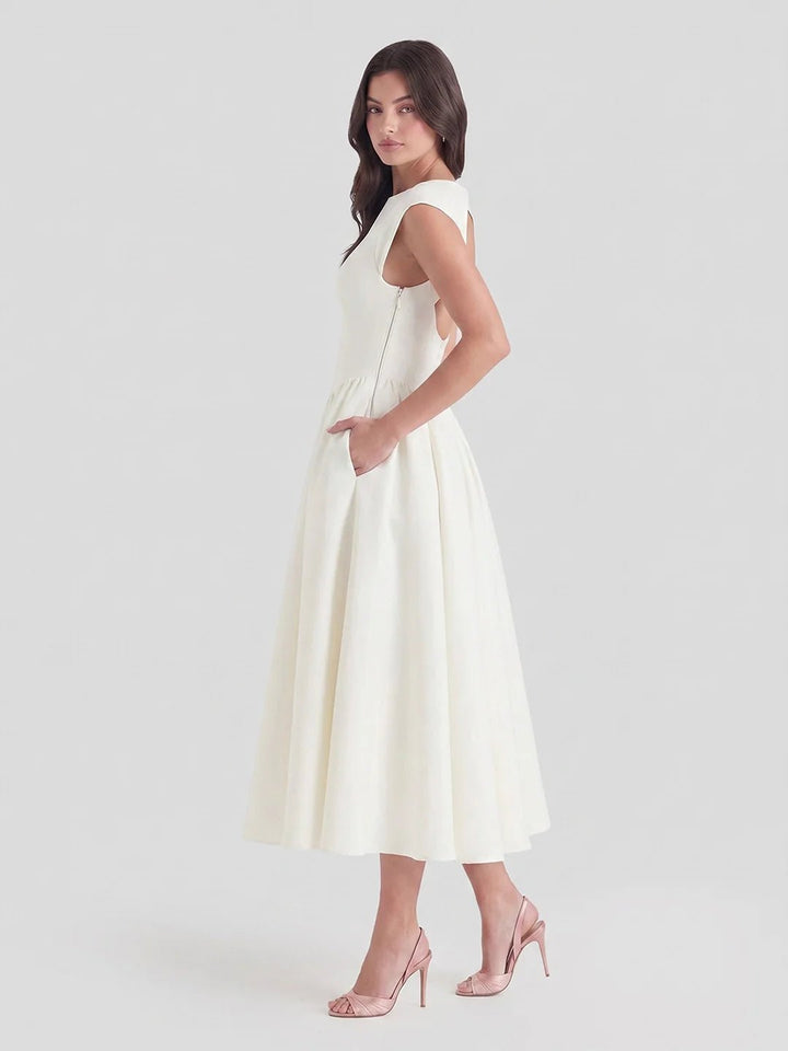 Evelyn bateau neck cap sleeve satin midi dress, alternate view