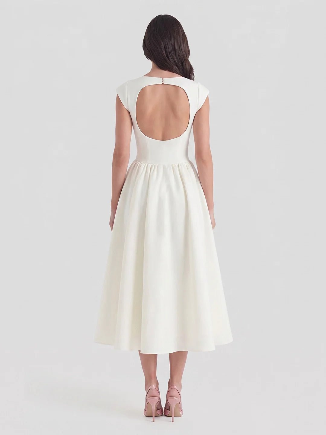 Evelyn bateau neck cap sleeve satin midi dress, alternate view