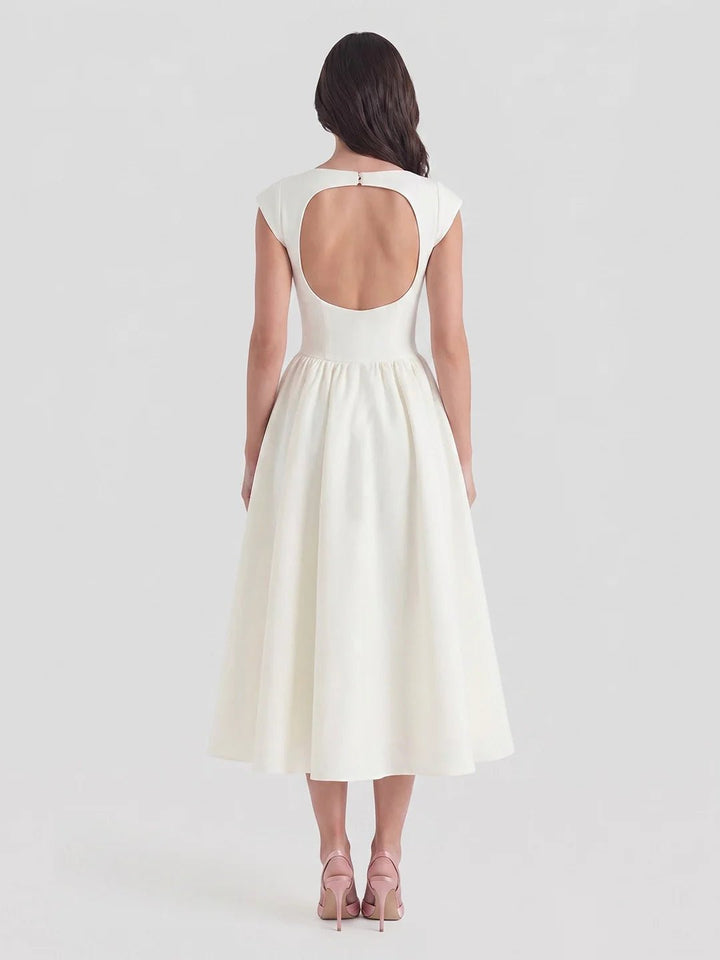 Evelyn bateau neck cap sleeve satin midi dress, alternate view