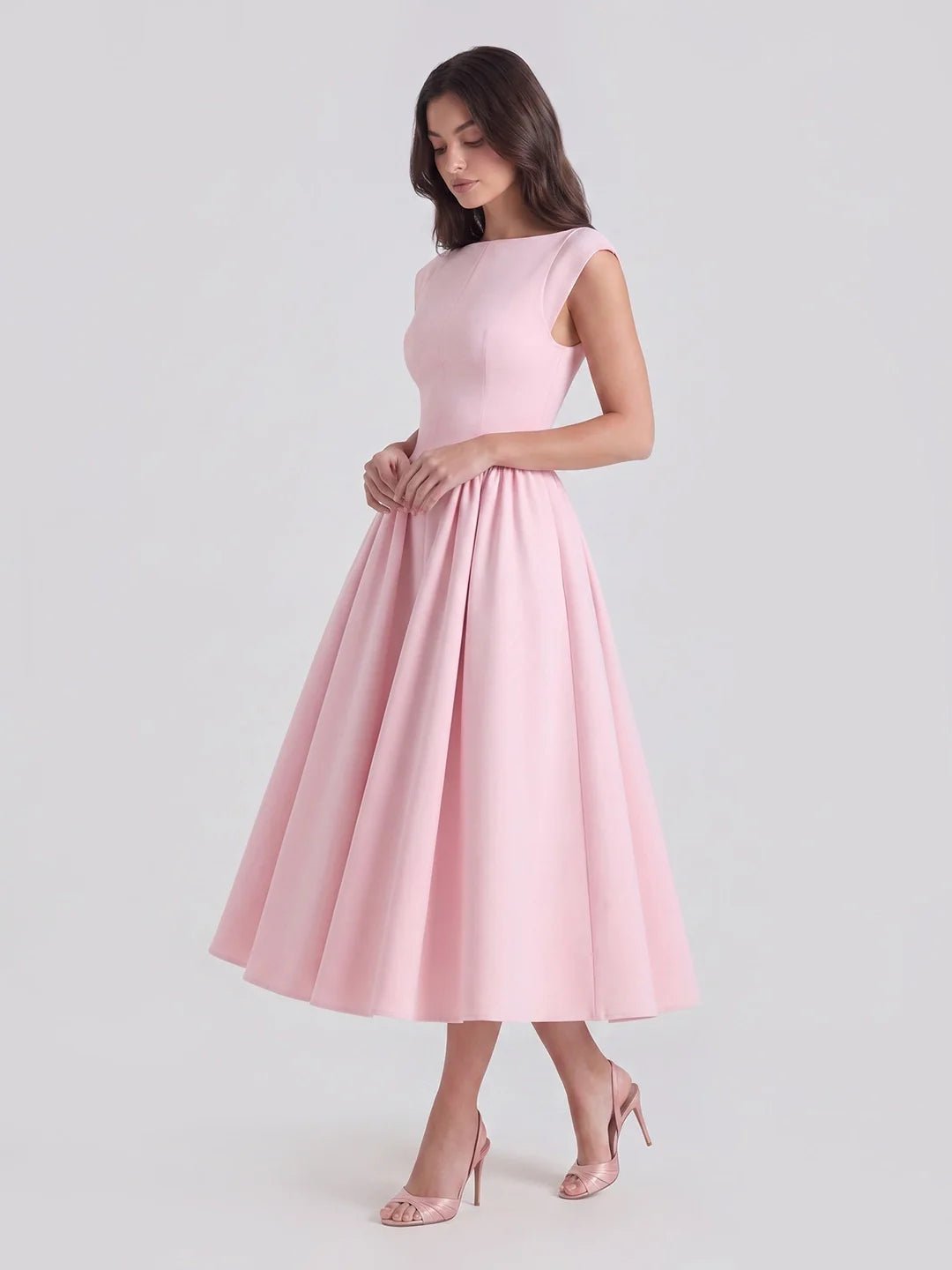 Evelyn bateau neck cap sleeve satin midi dress, alternate view