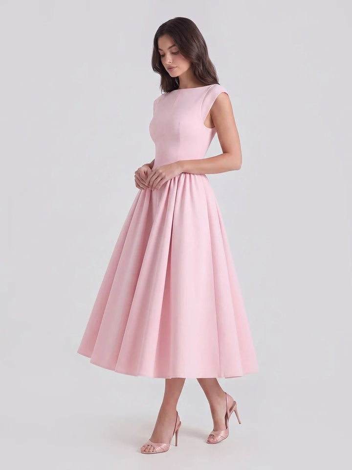 Evelyn bateau neck cap sleeve satin midi dress, alternate view