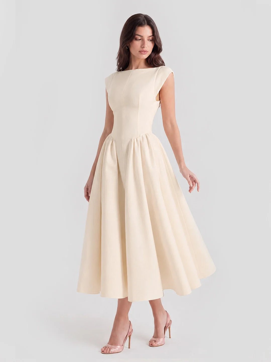 Evelyn bateau neck cap sleeve satin midi dress, alternate view