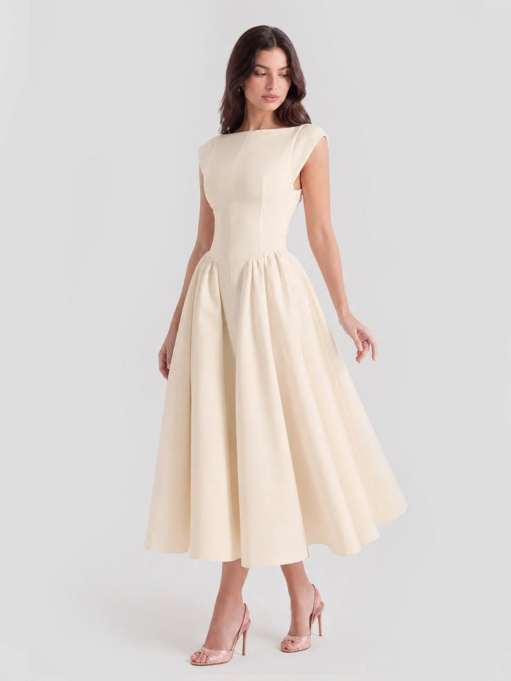 Evelyn bateau neck cap sleeve satin midi dress, alternate view