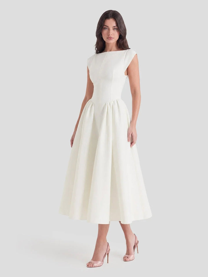 Evelyn bateau neck cap sleeve satin midi dress, alternate view