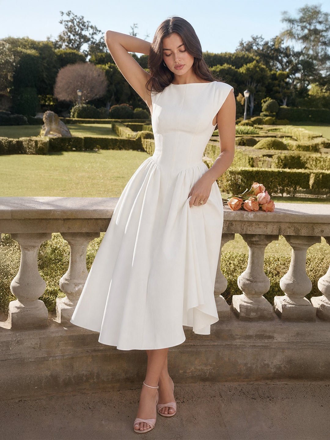 Evelyn bateau neck cap sleeve satin midi dress, alternate view
