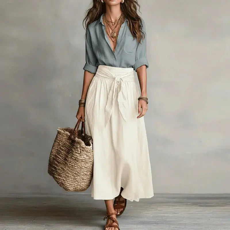Godelieve linen co-ord set button down top midi skirt, front view