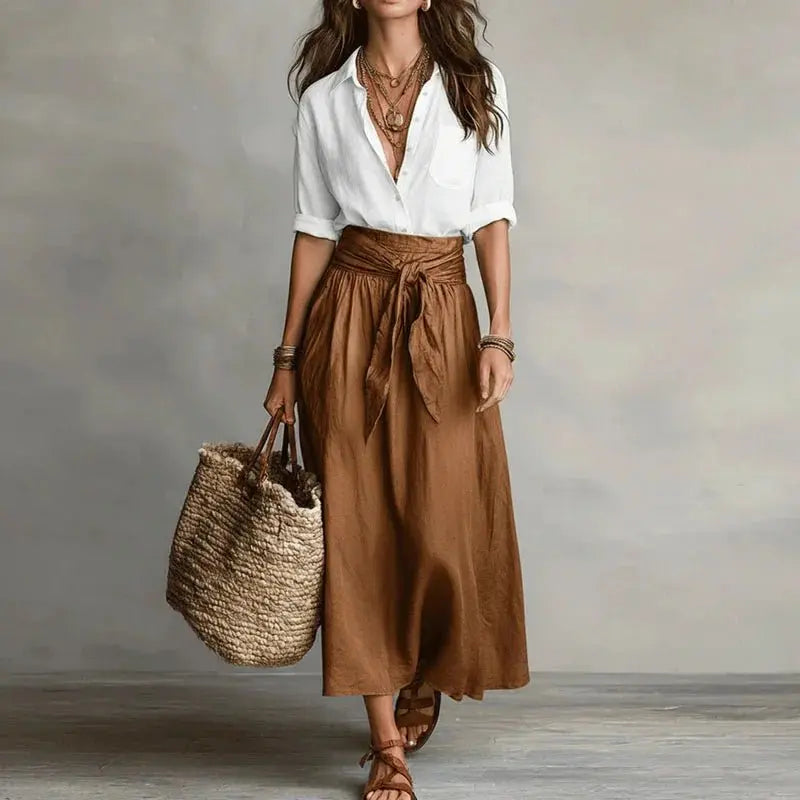Godelieve linen co-ord set button down top midi skirt, alternate view
