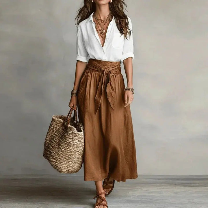 Godelieve linen co-ord set button down top midi skirt, alternate view