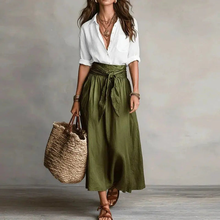 Godelieve linen co-ord set button down top midi skirt, alternate view
