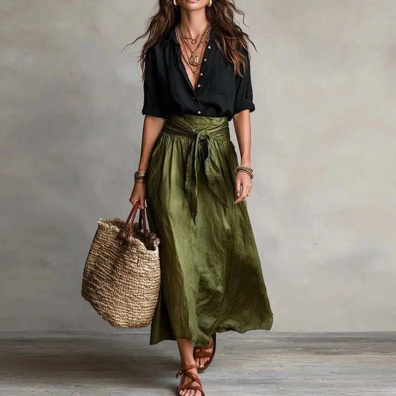 Godelieve linen co-ord set button down top midi skirt, alternate view