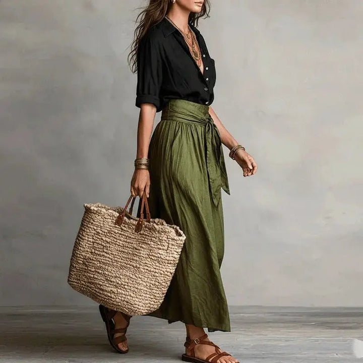 Godelieve linen co-ord set button down top midi skirt, alternate view