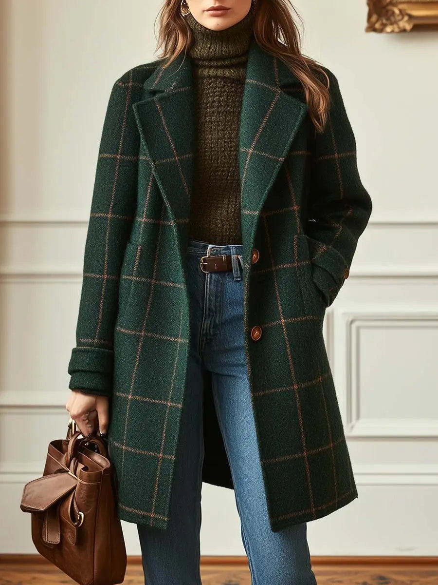 Grace wool blend check coat double breasted, front view