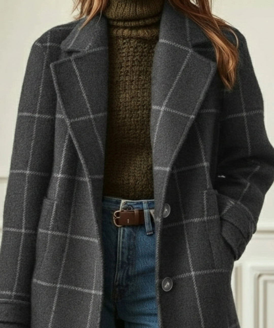 Grace wool blend check coat double breasted, alternate view