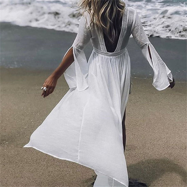 Harper open back maxi beach tunic kimono cover up, front view